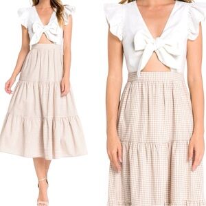 English Factory front Tie flutter sleeve dress tan Gingham tiered skirt nedium